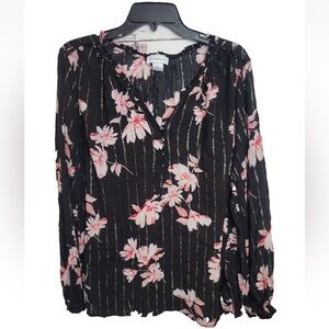 Liz Claiborne Black Floral Print Metallic V-Neck Long Sleeve Top Size Medium